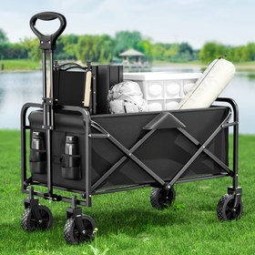 Resim 1 Adet Siyah Katlanabilir Çok Amaçlı Bahçe Arabası - 360° Her Yerde Kullanılabilen Tekerlekler, Güvenlik Kolları ve Yıkanabilir Kumaş - Kamp, Spor, Çim Bakımı, Alışveriş İçin Uygun Hafif Metal Şasi, Taşınabilir Dayanıklı Bagaj Taşıma Arabası, Katlanır Tasarım, Sağlam Yapı 