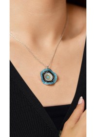 Resim Roza Silver Mix Taşlı Rodyum Nazar Boncuğu Gümüş Kolye 