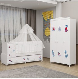 Resim Melina Yıldız 3 Kapaklı Dolap Takım + Yatak + Uyku Seti - Denizci Beyaz 