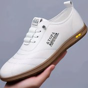 Resim Erkek Slip-On Casual Sneakers - Yumuşak Kauçuk Taban, Beyaz ve Kahverengi İki Tonlu Tasarım, Yuvarlak Burunlu Rahat Düşük Toplu Bağcıklı Ayakkabılar, Tüm Mevsim Giyim, Casual Ayakkabılar | Modern Casual Ayakkabılar | Kauçuk Tabanlı Sneakers 