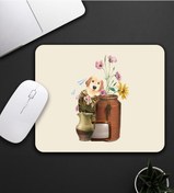 Resim Bej Renk Köpek Ve Çiçek Motifli Mouse Pad 23x19cm Fare Altlığı Kaydırmaz Taban De590 