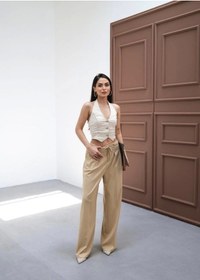 Resim Beli Lasti K Ve Bağcikli Geni Ş Paça Pantolon Bej 