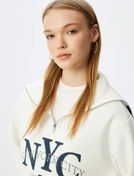 Resim Dik Yaka Yarım Fermuarlı Kolej Baskılı Şardonlu Oversize Sweatshirt 
