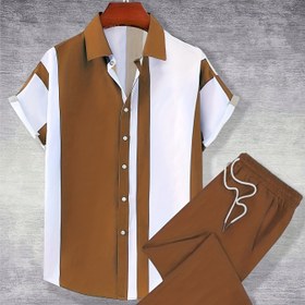 Resim Erkekler için Rahat Kısa Kollu Gömlek ve Düz Bacak Pantolon Takımı - Kahverengi ve Beyaz Geometrik Desen, Polyester Kumaş, Dış Mekan Aktiviteleri, Partiler ve Günlük Giyim için Mükemmel, Rahat Kıyafet|Geometrik Desen Gömlek|Polyester Kumaş 
