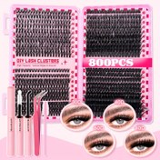 Resim 800/700/600 adet Kirpik Küme Kirpik Uzatma Seti, 2'li Kirpik Bağlantısı, Kirpik Tutucu, Kirpik Fırçası, 30D+40D+60D+80D+100D 9-16mm Karışık Kirpik Küme Başlangıç için Evde ve Yeniden Kullanılabilir 