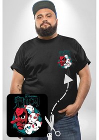 Resim Angemiel Japon Anime Tengu Maske Siyah Büyük Beden Kadın Basic Minimal Baskılı Tişört Siyah 