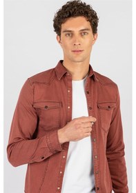 Resim Tudors Slim Fit Dar Kesim Uzun Kol Erkek Kot Gömlek-20958 Bordo 