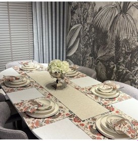 Resim Keten 6 Lı Asil Desen 6 Amerikan Servis & 1 Runner 6 Peçete Çok Renkli 