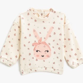 Resim Kız Bebek Tavşan Baskılı Sweatshirt Bisiklet Yaka Pamuklu 