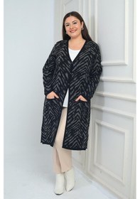 Resim By Saygı Kadın Zebra Desenli Cepli Büyük Beden Triko Uzun Hırka-41901 Siyah-gri 