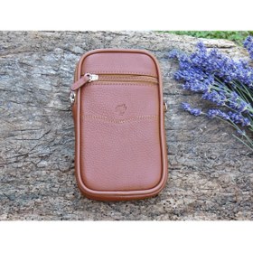 Resim MÇ DERİ Erkek Kemer Ve Omuz Askılı Telefon Çantası Floater Desenli Deri Hakiki Dana Derisinden Taba Renk 