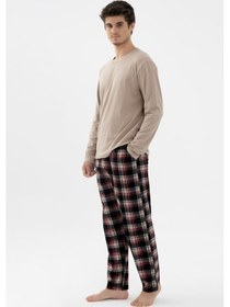 Resim Erkek Pamuklu Uzun Kollu Basic Siyah - Vizon Ekose Desenli Cep Detaylı Pijama Takımı Ko60111 Vizon 