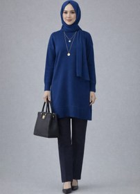Resim ModaAzen Saks Mavi Bisiklet Yaka Oversize Kadın Triko Tunik 