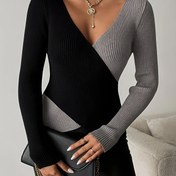 Resim Kadın Şık V Yaka Uzun Kollu Kazak - & Mor Renk Bloklu Çapraz Tasarım, H-Hattı Silüeti, Normal Kesim, İlkbahar/Sonbahar Katmanlı Üst Giyim, Günlük & Resmi 