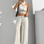 Resim YY0227723+Kadın Pantolon Takımı: Omuzsuz Crop Top ve Yüksek Bel Bağcıklı Pantolon - Makinede Yıkanabilir, Opak, Düz Renk, Her Mevsim Giyim, Rahat Kumaş, Dayanıklı 