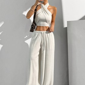 Resim YY0227723+Kadın Pantolon Takımı: Omuzsuz Crop Top ve Yüksek Bel Bağcıklı Pantolon - Makinede Yıkanabilir, Opak, Düz Renk, Her Mevsim Giyim, Rahat Kumaş, Dayanıklı 