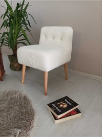 Resim WEBPANYA Rahat Oturum Alanlı Retro Gürgen Ahşap Ayaklı Beyaz Teddy Kumaş Puf Bench Koltuk Berjer 