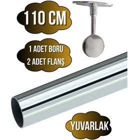 Resim Metal Yuvarlak Krom Mobilya Askı Borusu 110cm 2 Adet Ayaklı Kapalı Flanş-1 Adet Boru Çap:25mm Gri 