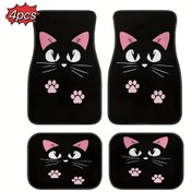 Resim 4'lü Araba Retro Karikatür Kedi Siyah İskandinav Fırıldak Halı Dört Parçalı Black 