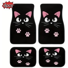 Resim 4'lü Araba Retro Karikatür Kedi Siyah İskandinav Fırıldak Halı Dört Parçalı Black 