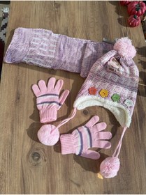 Resim Blotch Kız Çocuk Pembe Renk Renkli Düğme Detaylı Cicili Atkı Bere Eldiven Takımı 