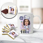 Resim Aşçı Kadın Karikatürlü Kupa ve Çikolata 