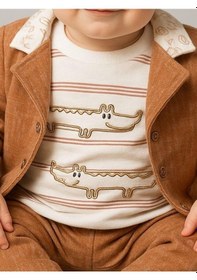 Resim Erkek Bebek Pamuklu Timsah Desenli Body Ceket Pantolon 3'lü Takım-16289 Kahverengi 