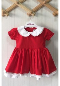 Resim Bebe Yaka Dantel Detaylı Kırmızı Poplin Kız Çocuk Bebek Bayram Özel Gün Elbise 001 