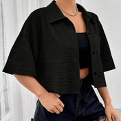 Resim Dayanıklı Yapı] Siyah Kısa Kollu Polyester Günlük Gömlek, Önü Düğmeli ve Dokulu Kumaşlı - Hafif ve Dayanıklı, Rahat Giyim için Çok Yönlü Yetişkin Giysisi | Düğmeli Gömlek | Polyester Kumaş 