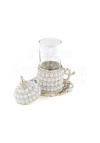 Resim Zarif İnci Ve Taşlı Çay Bardak Seti Tek Lale Desenli -beyaz 