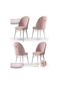Resim Canisa Ritim Serisi, 1.sınıf Babyface Kumaş 4 Adet Pembe Sandalye, Beyaz Gürgen Ayak Gold Halkalı Sandalye Pembe Ayaklar Beyaz 