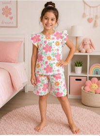 Resim Aliş Kids Kız Çocuk Pamuklu Beyaz Pembe Çiçek Desenli Kolları Fırfırlı Kısa Kollu Şortlu Yazlık Pijama Takımı Pembe Beyaz 