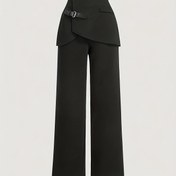 Resim Kadınların Asimetrik Etek ve Dekoratif Kemerli Yüksek Bel Geniş Bacaklı Pantolonu - Siyah Düz Renk, Düzenli Kesim, Uzun Boy, Bahar/Yaz Rahat ve Formal Kıyafetler İçin, Çok Yönlü Moda, Zarif Tarz, Pürüzsüz Dokusu 