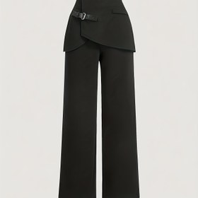 Resim Kadınların Asimetrik Etek ve Dekoratif Kemerli Yüksek Bel Geniş Bacaklı Pantolonu - Siyah Düz Renk, Düzenli Kesim, Uzun Boy, Bahar/Yaz Rahat ve Formal Kıyafetler İçin, Çok Yönlü Moda, Zarif Tarz, Pürüzsüz Dokusu 