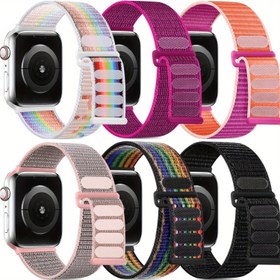 Resim 6-Pack Ayarlanabilir Naylon Spor Loop Bantları for apple Watch SE2, Seri 10, 9, 8, 7, 6, 5, 4, 3, 2, 1 ile Uyumlu - Esnek Değiştirme Bileklikleri, Batarya Gerekmez 