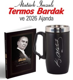 Resim Halk Kitabevi Atatürk İmza Baskılı Kulplu Termos Bardak ve 2026 Atatürk Ajanda - Ayraç - Kartpostal 