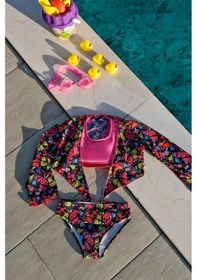 Resim Mayom Kız Çocuk Kelebek Desenli Pareolu Bikini Takımı 3'lü Set-siyah-pembe Siyah - Pembe 