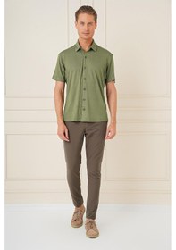 Resim Comfort Fit Spor Yaka Kısa Kol Esnek Pamuk Haki Gömlek G 1573 Haki 
