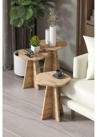 Resim Reyo Falez Zigon Sehpa Dekoratif 3'lü Çok Amaçlı Yan Sehpa Çiçek Formlu Çam Çam 