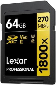 Resim Lexar SDXC Professional 64GB 1800x UHS-II Altın Serisi, Sınıf 10, U3, V60, 4K Video Kaydı için, Siyah 