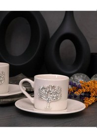 Resim 6 Kişilik 12 Parça Porselen Hayat Ağacı Gümüş Kahve Fincan Takımı 