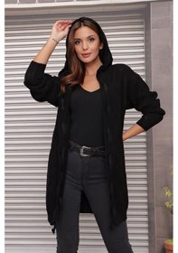 Resim Aqe Fashion Kapüşonlu Kabartma Desenli Şerit Garnili Siyah Hırka Siyah 