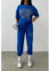 Resim T-shirt Eşofman Altı Jogger- Mavi Baskılı Alt Üst Eşofman Takımı Oversize Bisiklet Yaka Mavi 