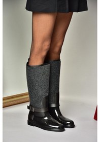 Resim Fox Shoes T858725204 Siyah Keçe Kumaş Detaylı Yağmur Çizmesi Siyah-kumaş Siyah 