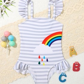 Resim Bebek Sevimli Gökkuşağı Baskılı Tulum Çocuk Mayo Kızlar Hızlı Kuruyan Mayo 