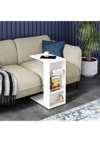 Resim Tekerlekli Yan Sehpa Rulo Havlu Takılabilir Koltuk Sehpası C Sehpa Zigon Sehpa Beyaz 