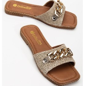 Resim Kadın Düz Topuklu Terlik Vizon Kalın Tek Bant Zincir Aksesuarlı Hasır-4099 Vizon 