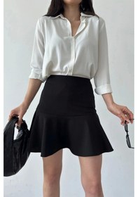 Resim Kadın Siyah Esnek Şortlu Volanlı Pileli Viskon Kloş Şort Etek Siyah 