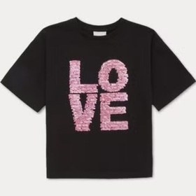 Resim 2474 Kız Çocuk Siyah Payet Sloganlı T-shirt 4-12 Yaş - 90 Siyah 