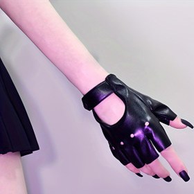 Resim Ayarlama Özellikli Siyah Suni Deri Yarım Parmak Eldivenler - Sıcak, Esnemez, Bisiklet, Performanslar & Cosplay için 